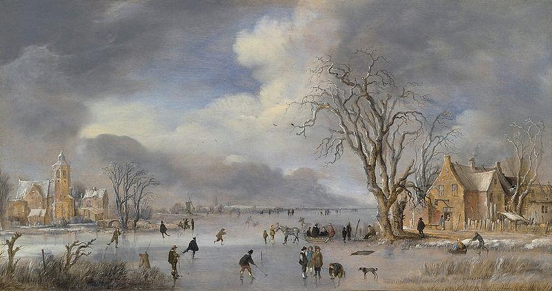 Aert van der Neer A winter landscape with skaters and kolf players on a frozen river Germany oil painting art